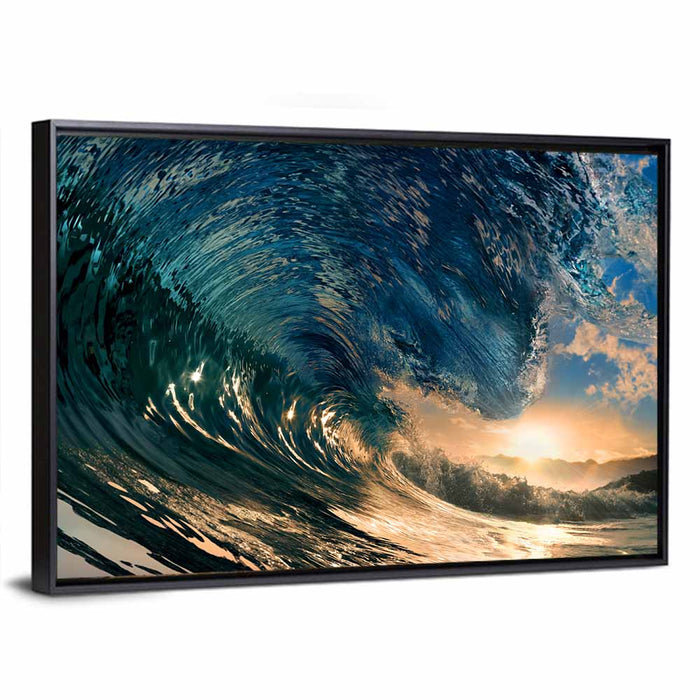 Sunset Barrel Wave Wall Art as a framed canvas