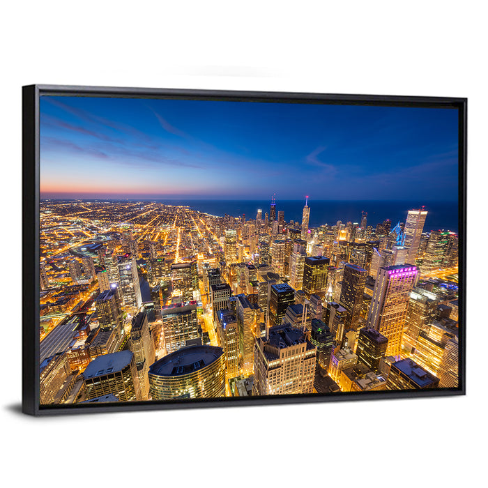 Aerial Chicago Nightscape Wall Art as a framed canvas