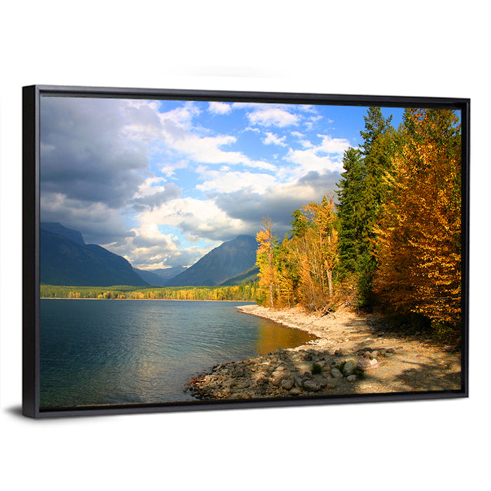 Lake Mcdonald Autumn Shoreline Wall Art as a framed canvas