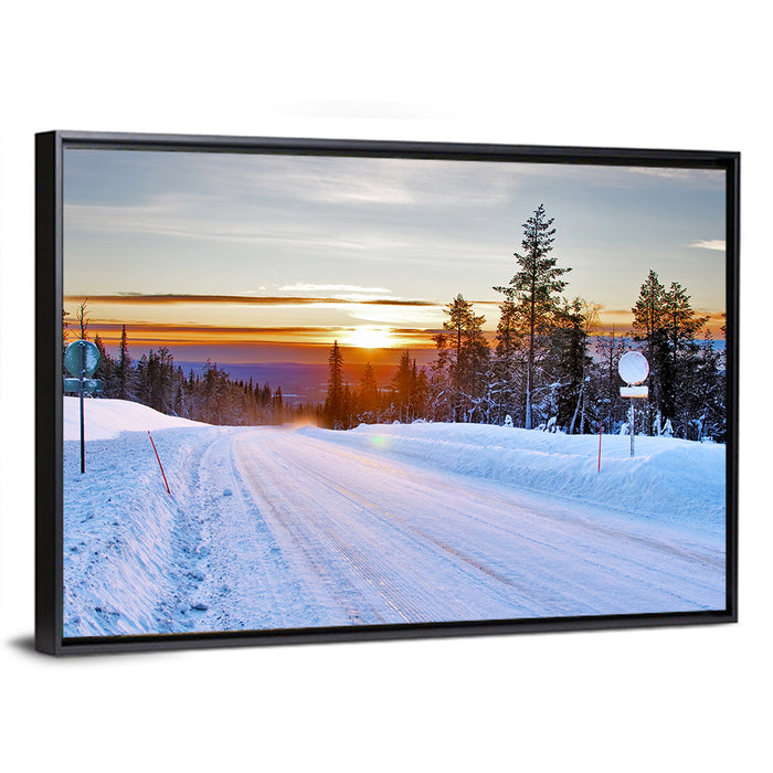 Snowy Road at Sunset Wall Art as a framed canvas