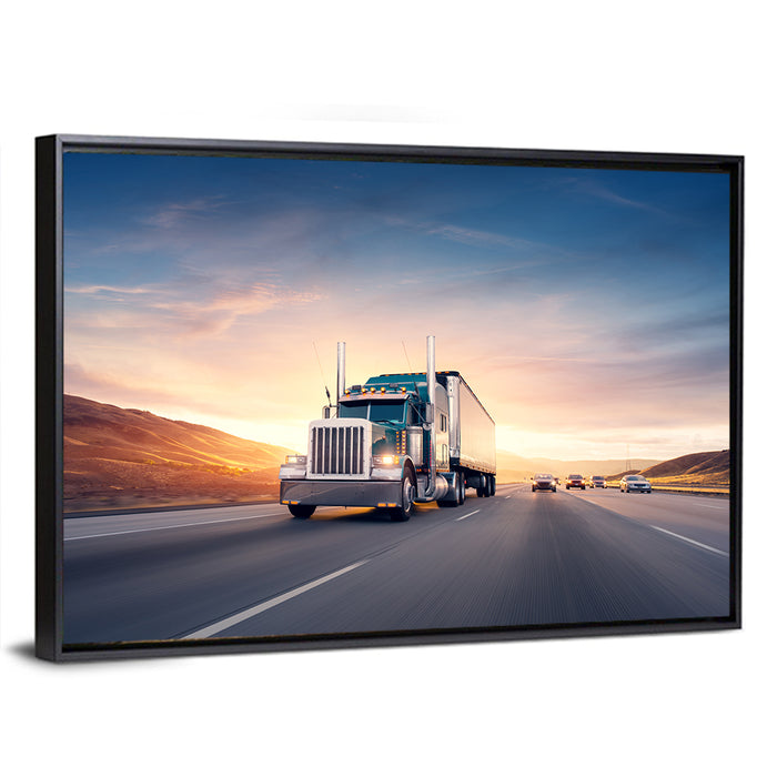 Semi Truck Highway Sunset Wall Art as a framed canvas