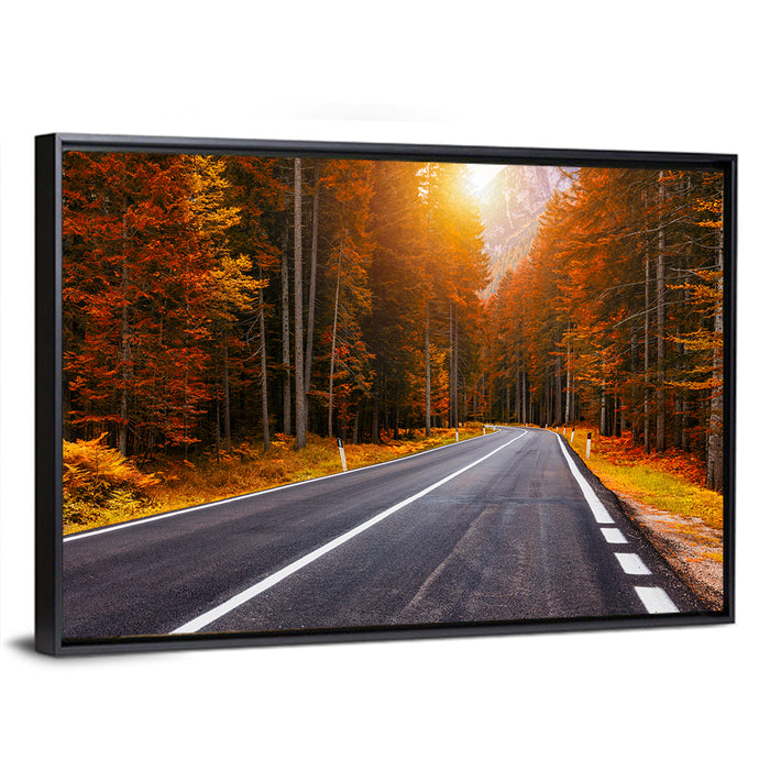 Golden Hour Forest Road Wall Art as a framed canvas