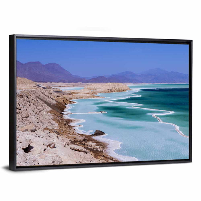 Lake Assal Salt Shoreline Wall Art as a framed canvas