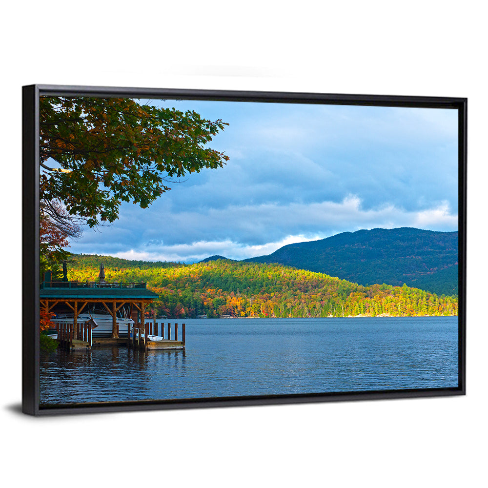 Lake George Boathouse in Autumn Wall Art