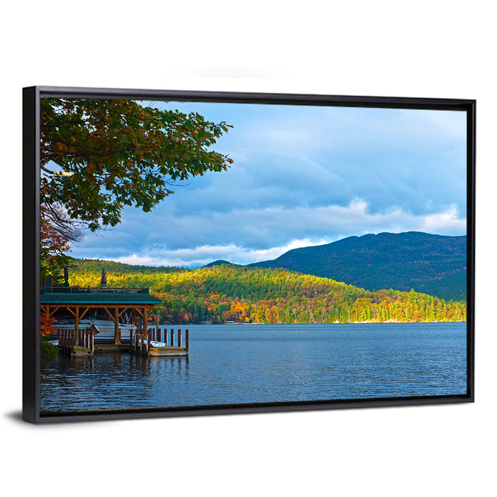 Lake George Boathouse in Autumn Wall Art as a framed canvas