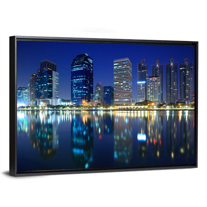 Benjakitti Park Night Skyline Wall Art as a framed canvas