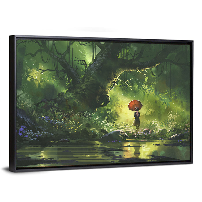 Girl with Umbrella in Mysterious Forest Wall Art as a framed canvas