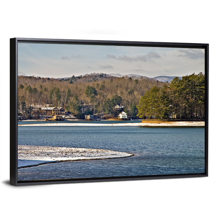 Lake Burton Winter Shoreline Wall Art as a framed canvas