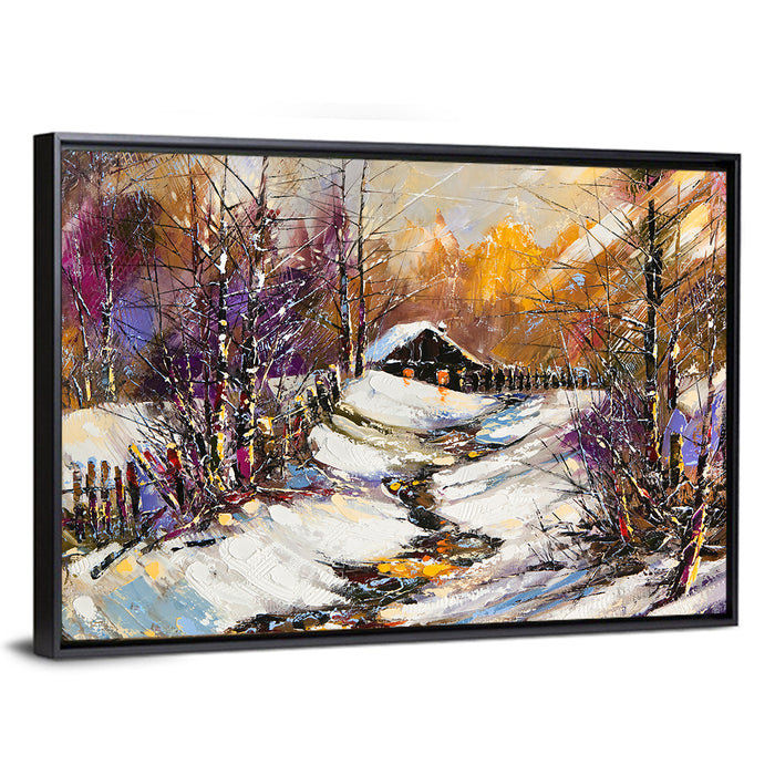 Snowy Path to Cabin Wall Art as a framed canvas