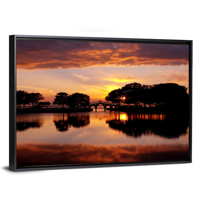 Tranquility Bridge at Sunset Wall Art as a framed canvas