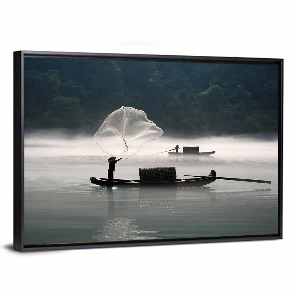 Misty Lake Fisherman Wall Art