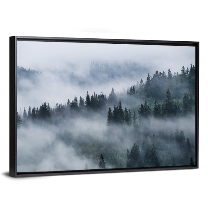 Misty Mountain Pine Forest Wall Art as a framed canvas