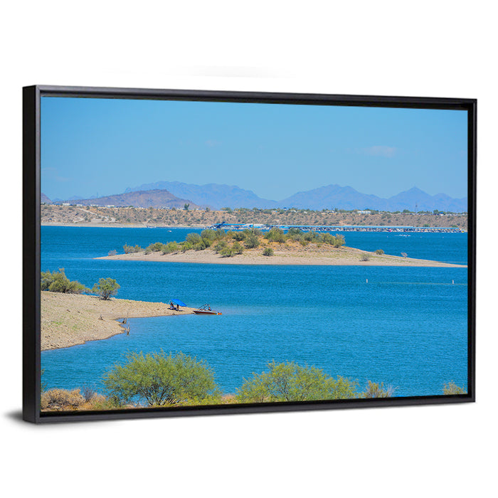 Lake Pleasant Shoreline with Boat Wall Art as a framed canvas