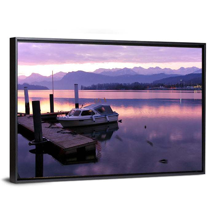 Lake Lucerne Pier at Dusk Wall Art as a framed canvas