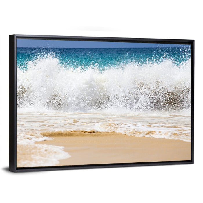 Breaking Wave Over Wet Sand Wall Art as a framed canvas