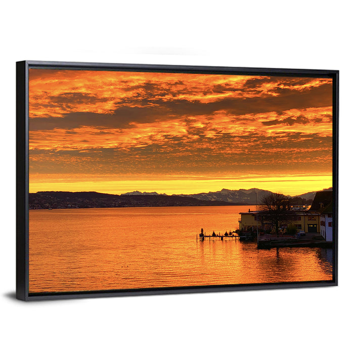 Lake Zurich Golden Sunset Wall Art as a framed canvas