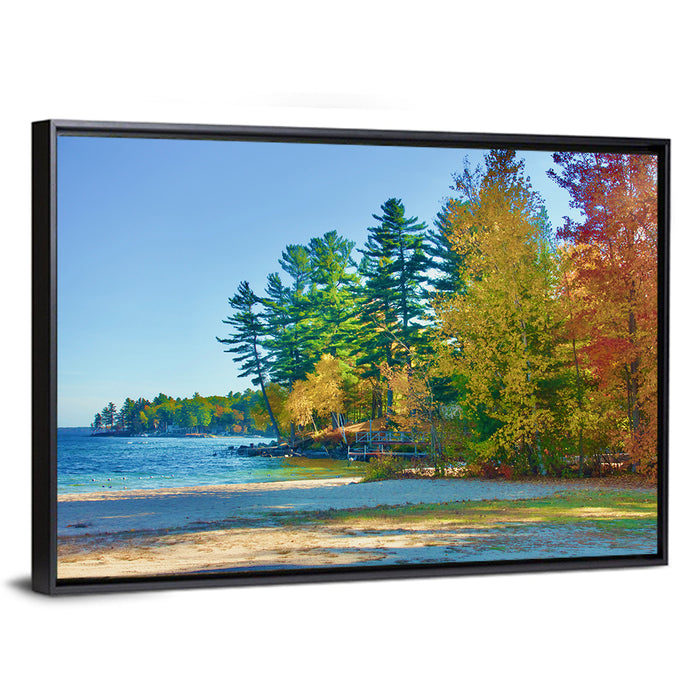 Sebago Lake Pier in Autumn Wall Art as a framed canvas