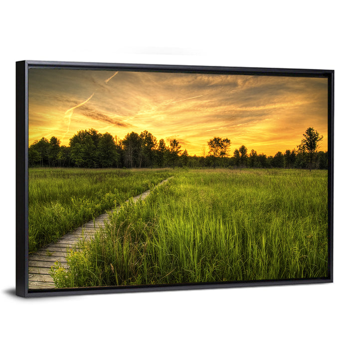 Irwin Prairie Boardwalk Sunset Wall Art as a framed canvas