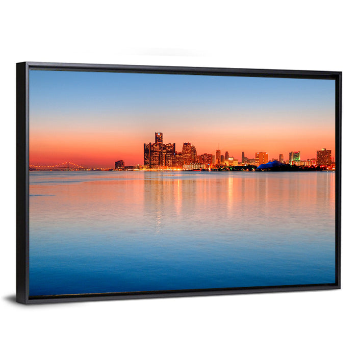 Detroit Golden Hour Skyline Wall Art as a framed canvas