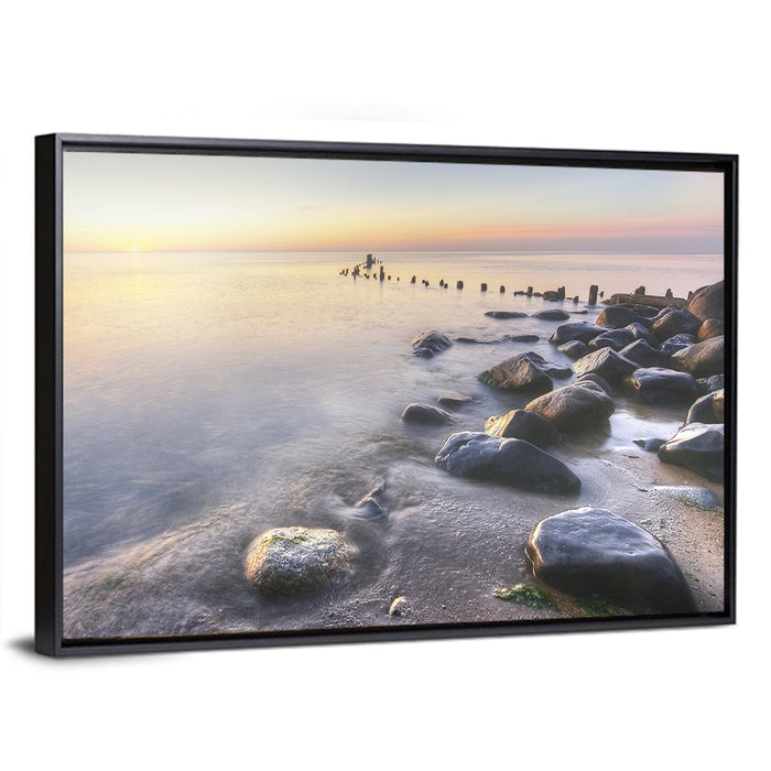 Michigan Shoreline Pilings Wall Art as a framed canvas