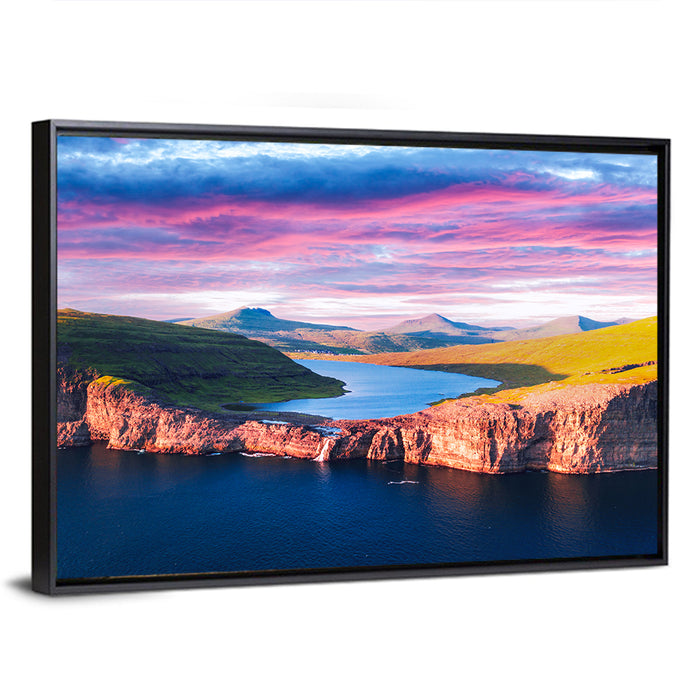 Sørvágsvatn Sunset Wall Art as a framed canvas