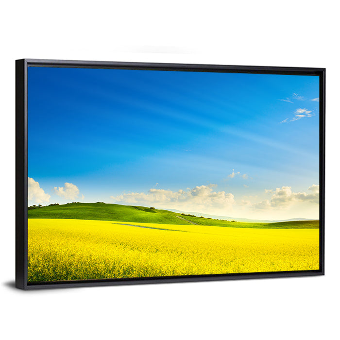 Rapeseed Field and Rolling Hills Under Blue Sky Wall Art as a framed canvas