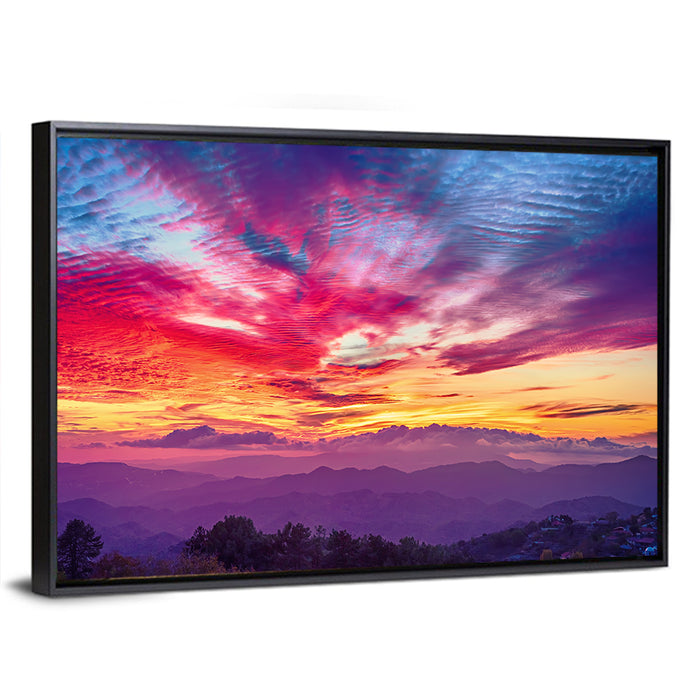 Golden Dusk Cloud Mountains Wall Art as a framed canvas