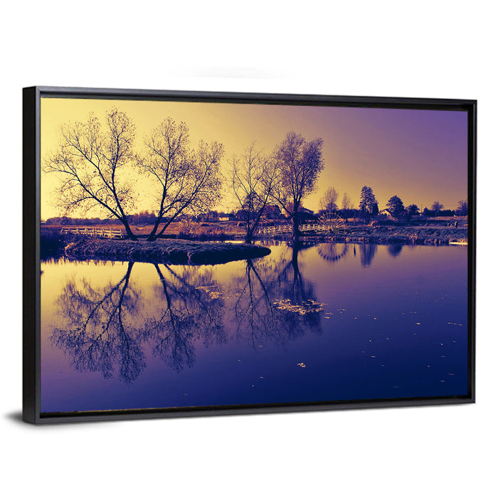 Winter Lake Morning Wall Art as a framed canvas