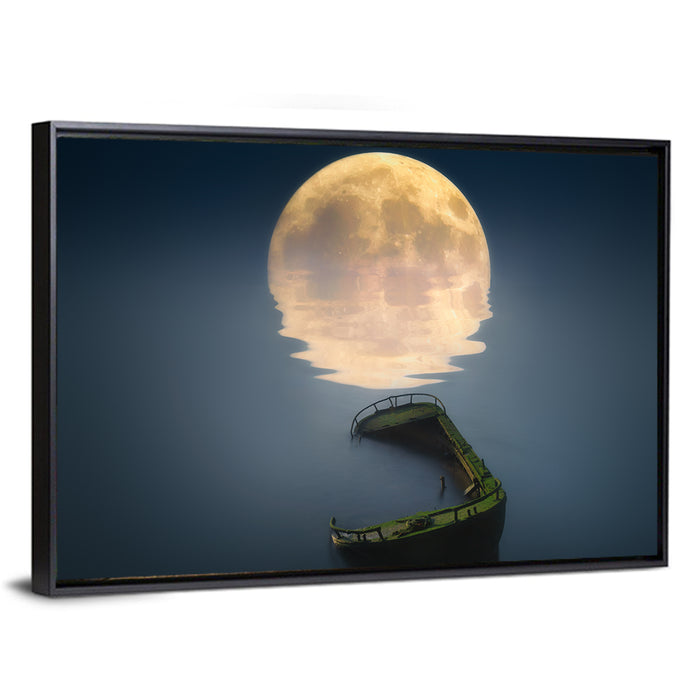Moonlit Shipwreck Reflection Wall Art as a framed canvas