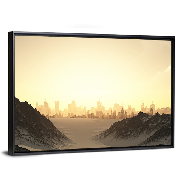 Futuristic City Sunset Wall Art as a framed canvas