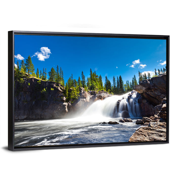 Misty Blue Waterfall Wall Art as a framed canvas