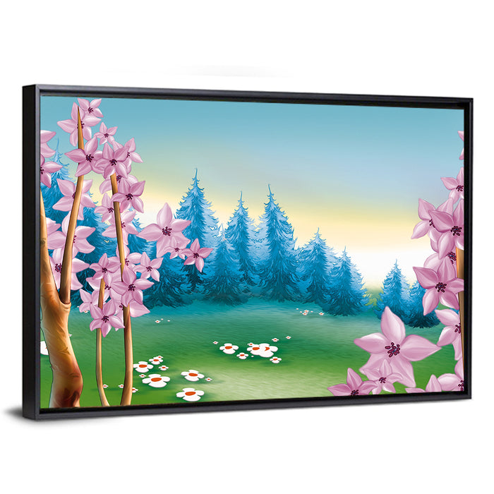 Spring Meadow Forest Illustration Wall Art as a framed canvas