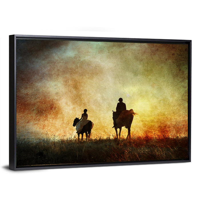 Silhouetted Horse Riders at Sunset Wall Art as a framed canvas