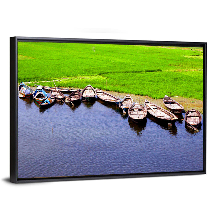 Boats at the Shoreline Wall Art as a framed canvas