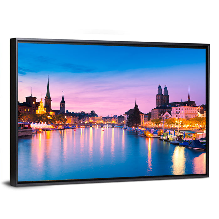 Zurich Blue Hour Over the Limmat Wall Art as a framed canvas