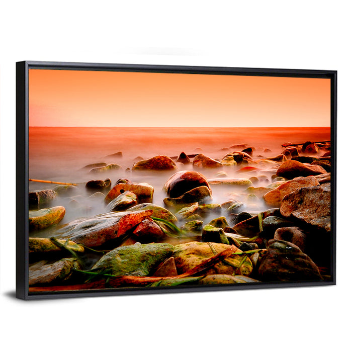 Lake Shore Sunset Wall Art as a framed canvas