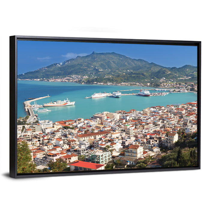 Zakynthos Harbor View Wall Art as a framed canvas