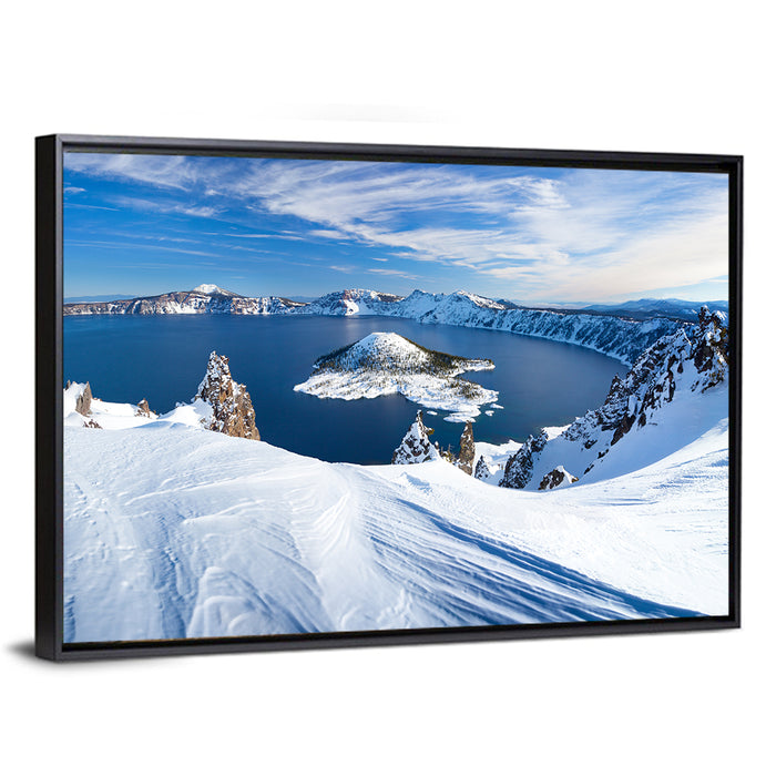 Crater Lake with Wizard Island Wall Art as a framed canvas