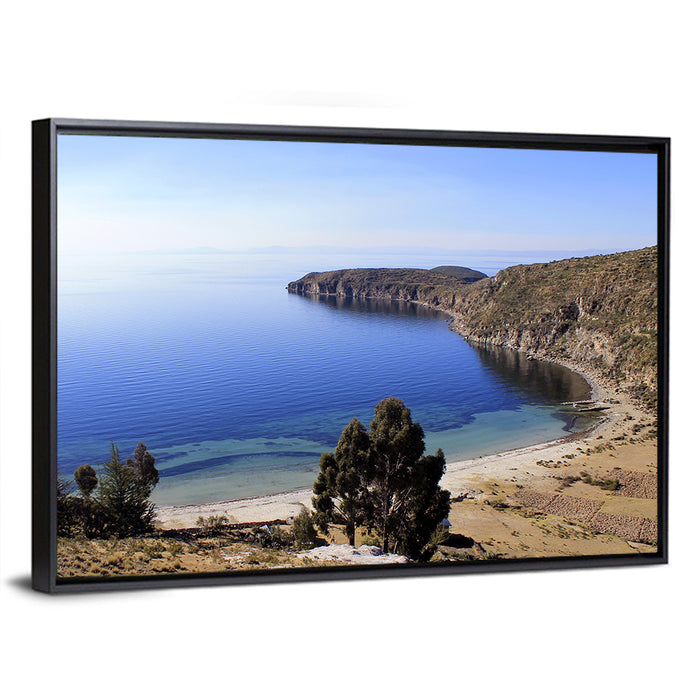 Titicaca Cliffs and Turquoise Water Wall Art as a framed canvas
