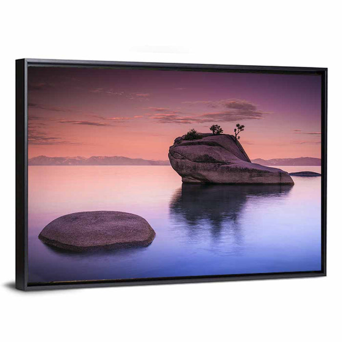 Bonsai Rock Sunrise Lake Tahoe Wall Art as a framed canvas