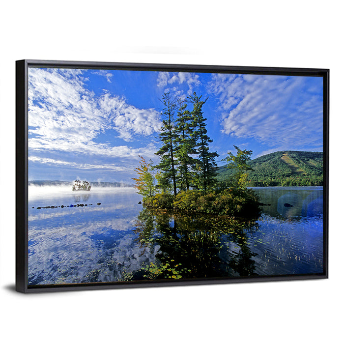 Misty Maine Lake Wall Art as a framed canvas