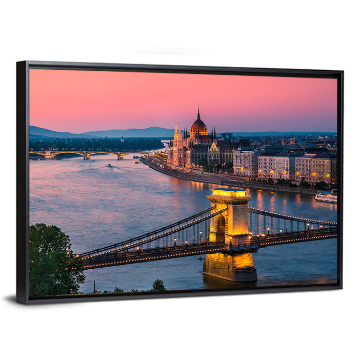 Budapest Chain Bridge at Twilight Wall Art as a framed canvas