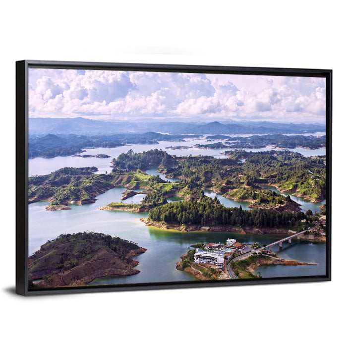 Guatapé Reservoir Aerial View Wall Art as a framed canvas