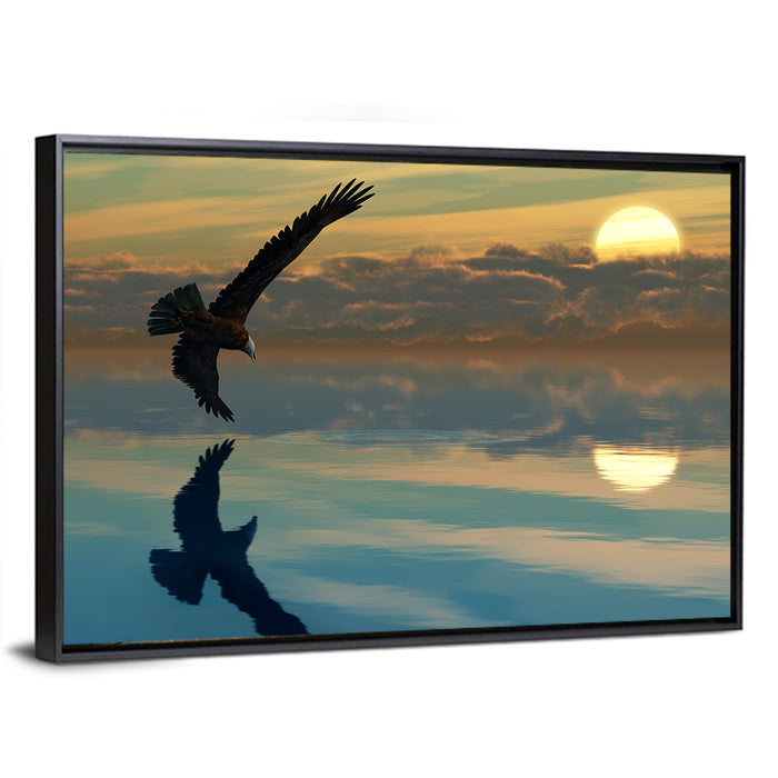 Bald Eagle Sunset Reflection Wall Art as a framed canvas