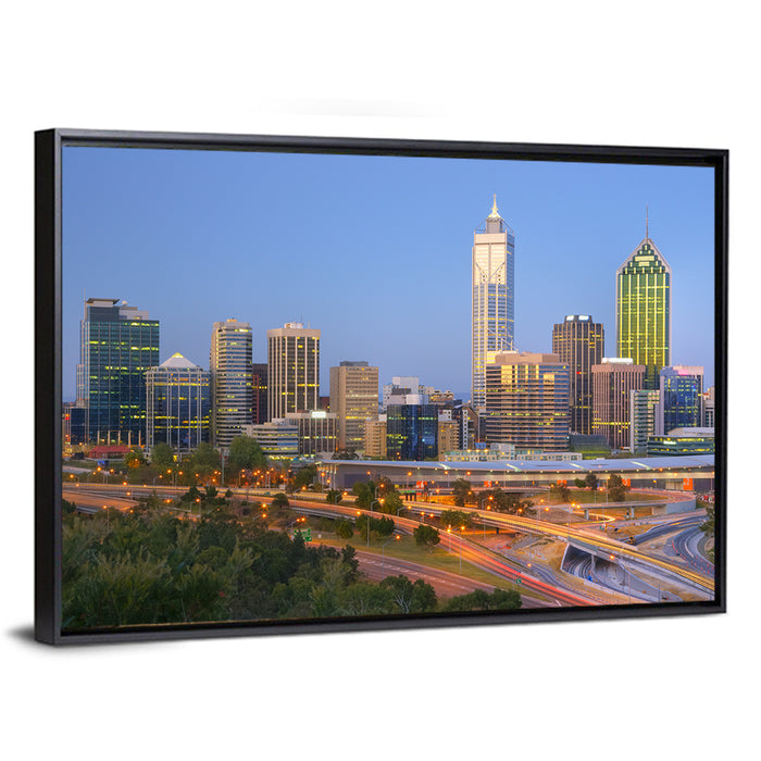 Perth Skyline at Dusk Wall Art as a framed canvas
