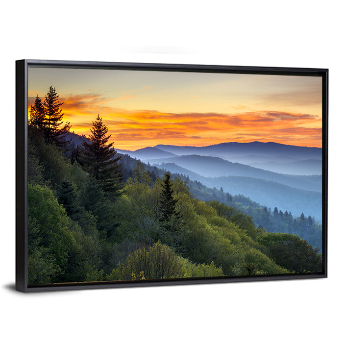 Great Smoky Mountains Sunset Wall Art as a framed canvas