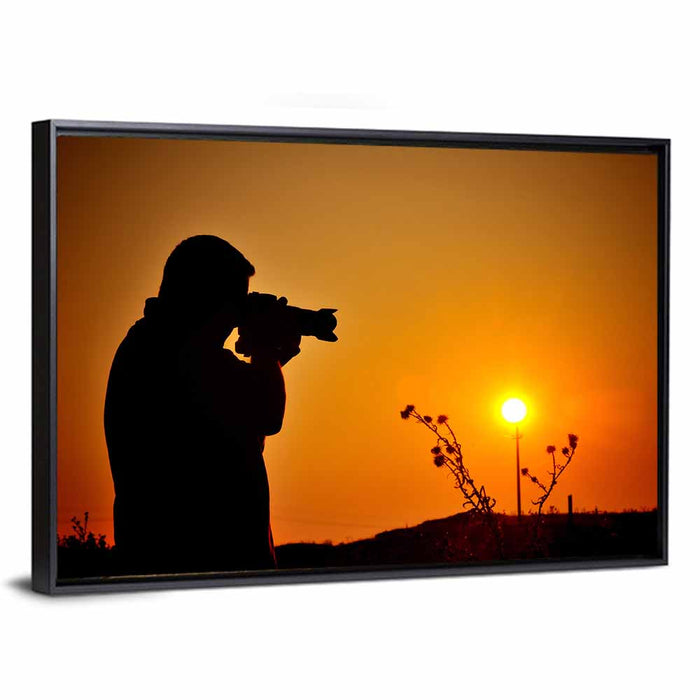 Golden Hour Photographer Silhouette Wall Art as a framed canvas