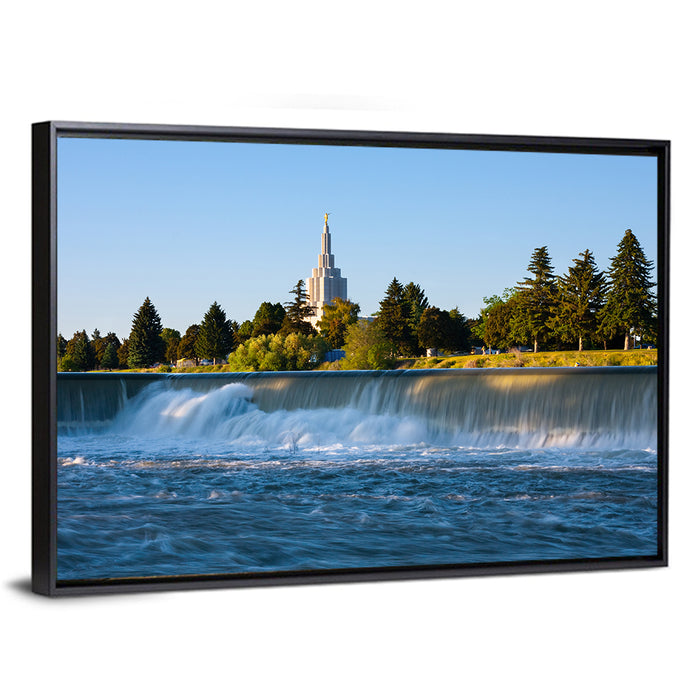 Idaho Falls Temple and Waterfall Wall Art as a framed canvas