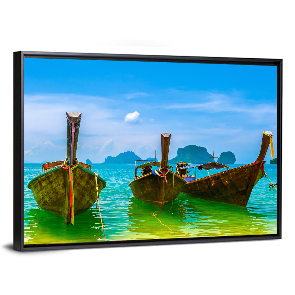 Three Long-tail Boats on Turquoise Water Wall Art