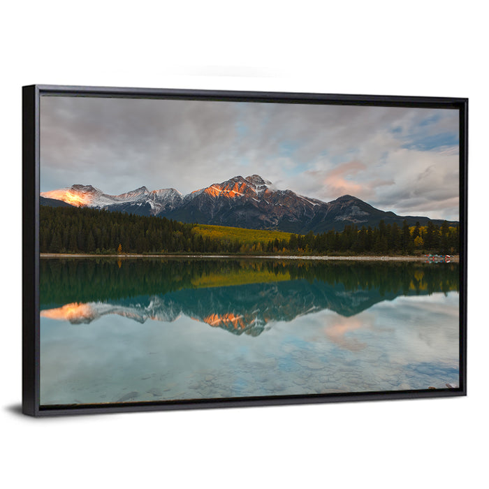 Patricia Lake Golden Hour Reflection Wall Art as a framed canvas